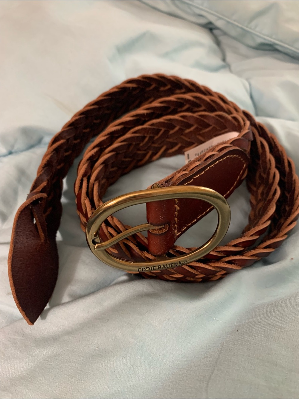 Eddie Bauer Braided Leather Belt with Gold Oval Buckle - Chestnut